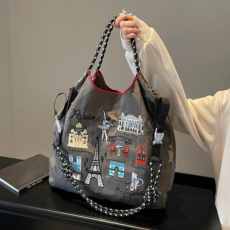 Embroidered handbags with niche designs, lightweight and portable large capacity shopping bags, fashionable retro handbags, and