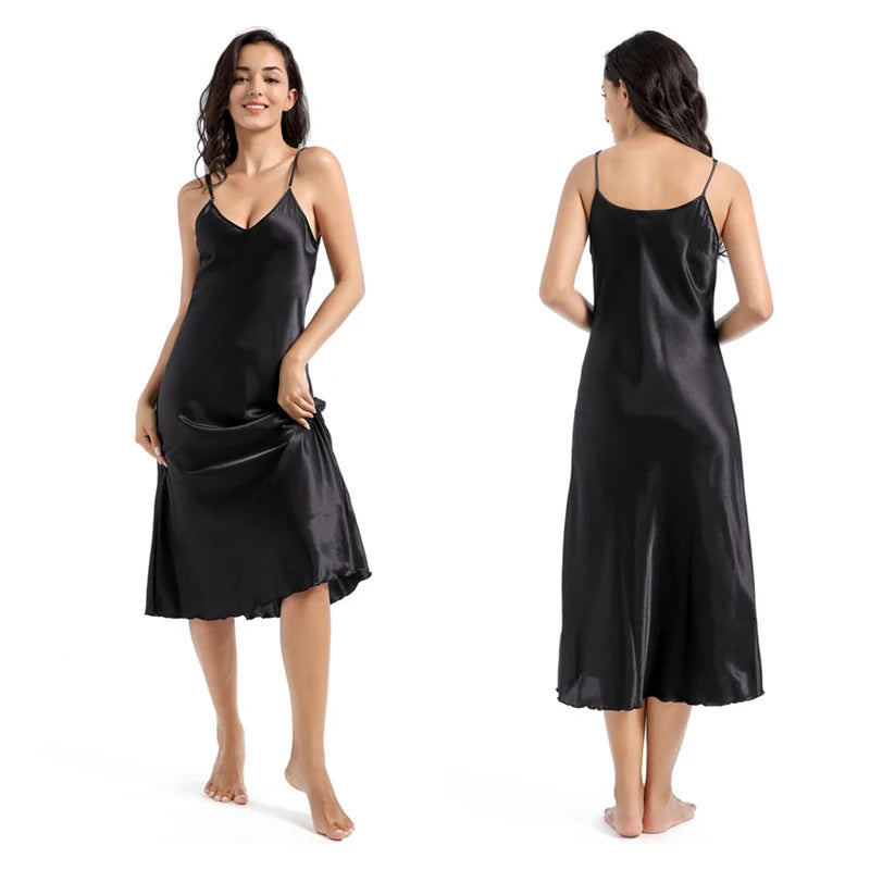 Women Long Satin Nightgown Slip Dress Nightdress Silky Nightie Soft V Neck Nightwear