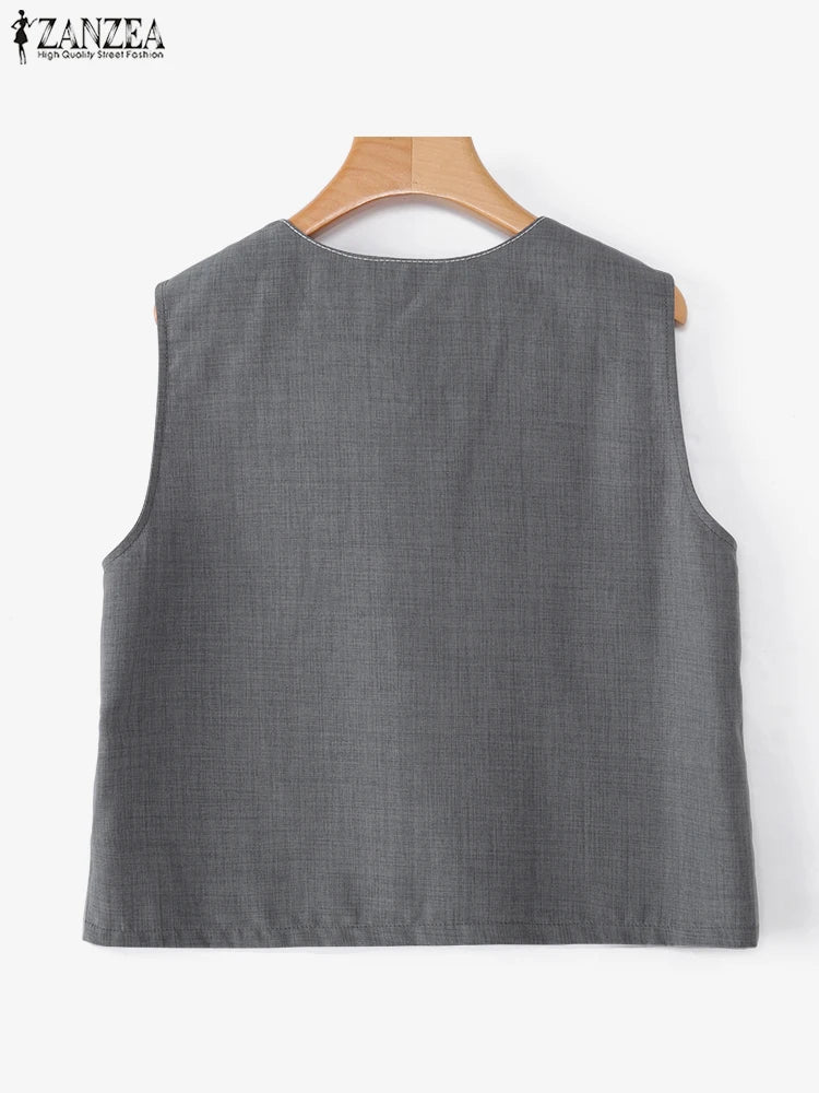 ZANZEA Outerwear 2025 Fashion Women Vests Thin Coats Sleeveless Casual Loose Solid Color Elegant Streetwear Summer Buttons Shirt