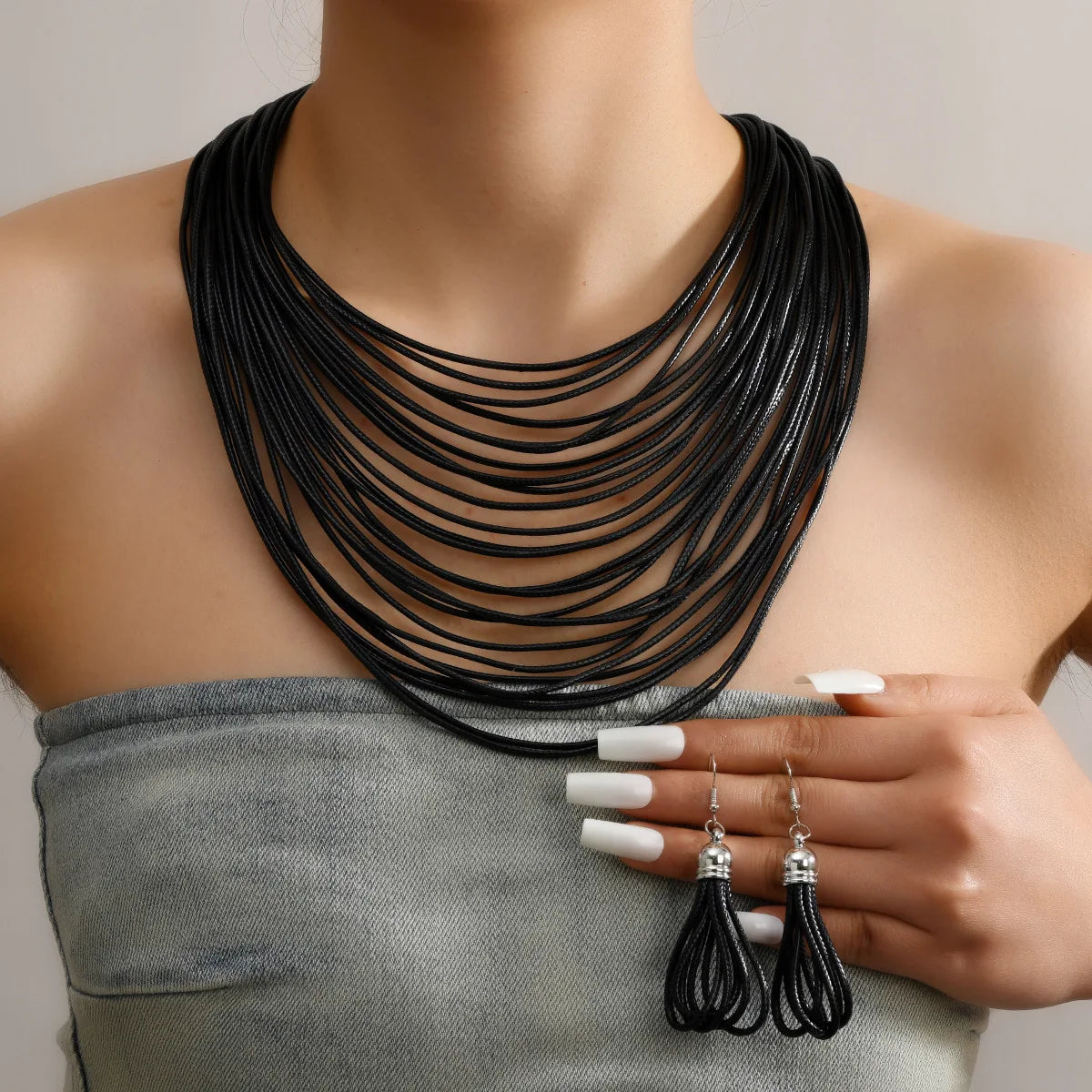 Jewelry Sets for Women, Multi-layer Wax Thread Hand-woven Necklace, Fashion and Personality Choker + Dangle Earrings