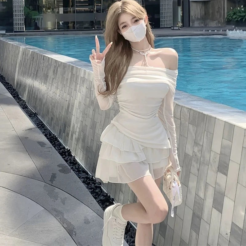Skirts Sets Women Summer Slim Solid Irregular Skew Collar Ladies Long Sleeve T Shirt Fashion Chic Sweet Ruffles Ball Gown New