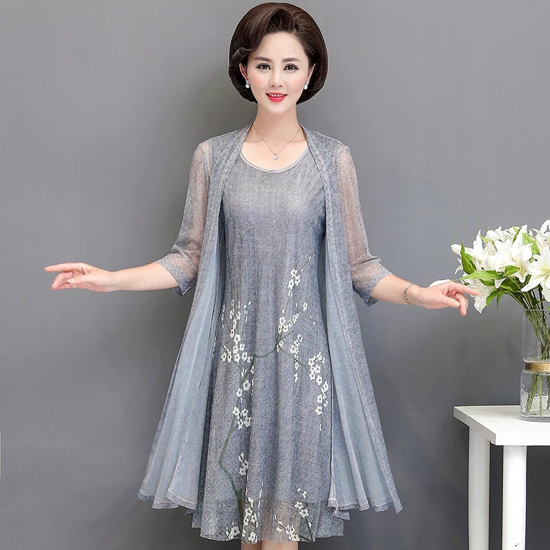Elegant Dresses Women NEW Summer Casual Retro Temperament printing two Piece Set Dress Mother Dress plus Size