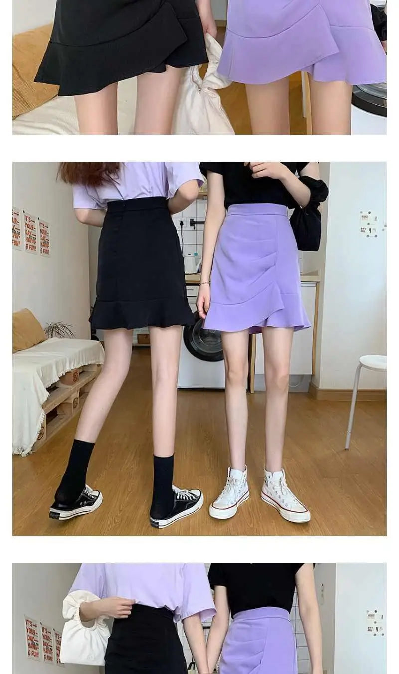 Irregular High Waist Skirts for Female Summer New Korean Fashion All-match Bag Hip A-Line Solid Color Ruffles Spliced Mini Skirt