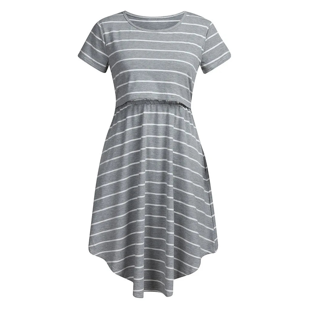 Summer Maternity Care Striped Dresses Pregnant Women Pajamas Multifuntional Mother Breastfeed Dress Premama Baby Shower Clothes