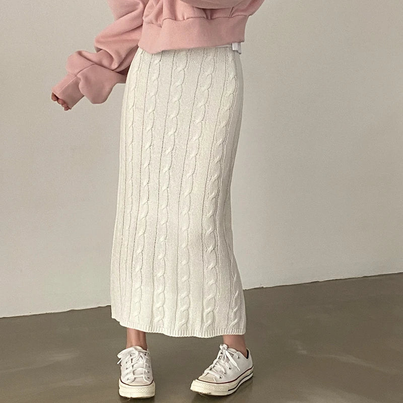 Solid Knitted Skirts For Women 2023 Fashion Autumn Winter Slim Long Skirt Vintage Casual Elastic High Waisted Straight Skirt New