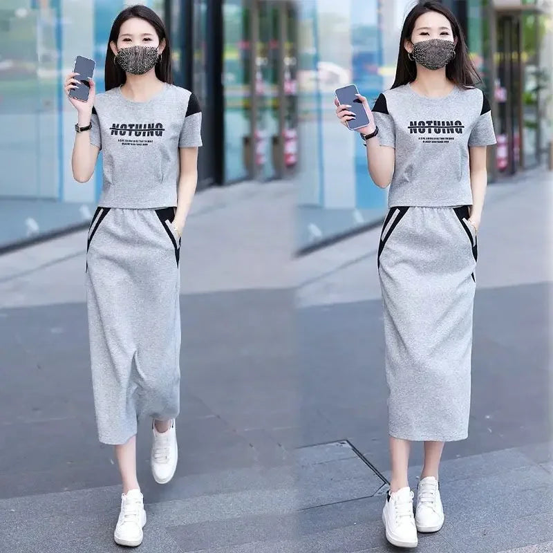 Women's Two Piece Set Short Sleeve Lightly Cooked Slit Skirt Luxury Designer Clothing Y2k Clothes Top and Bottom Female Outfits