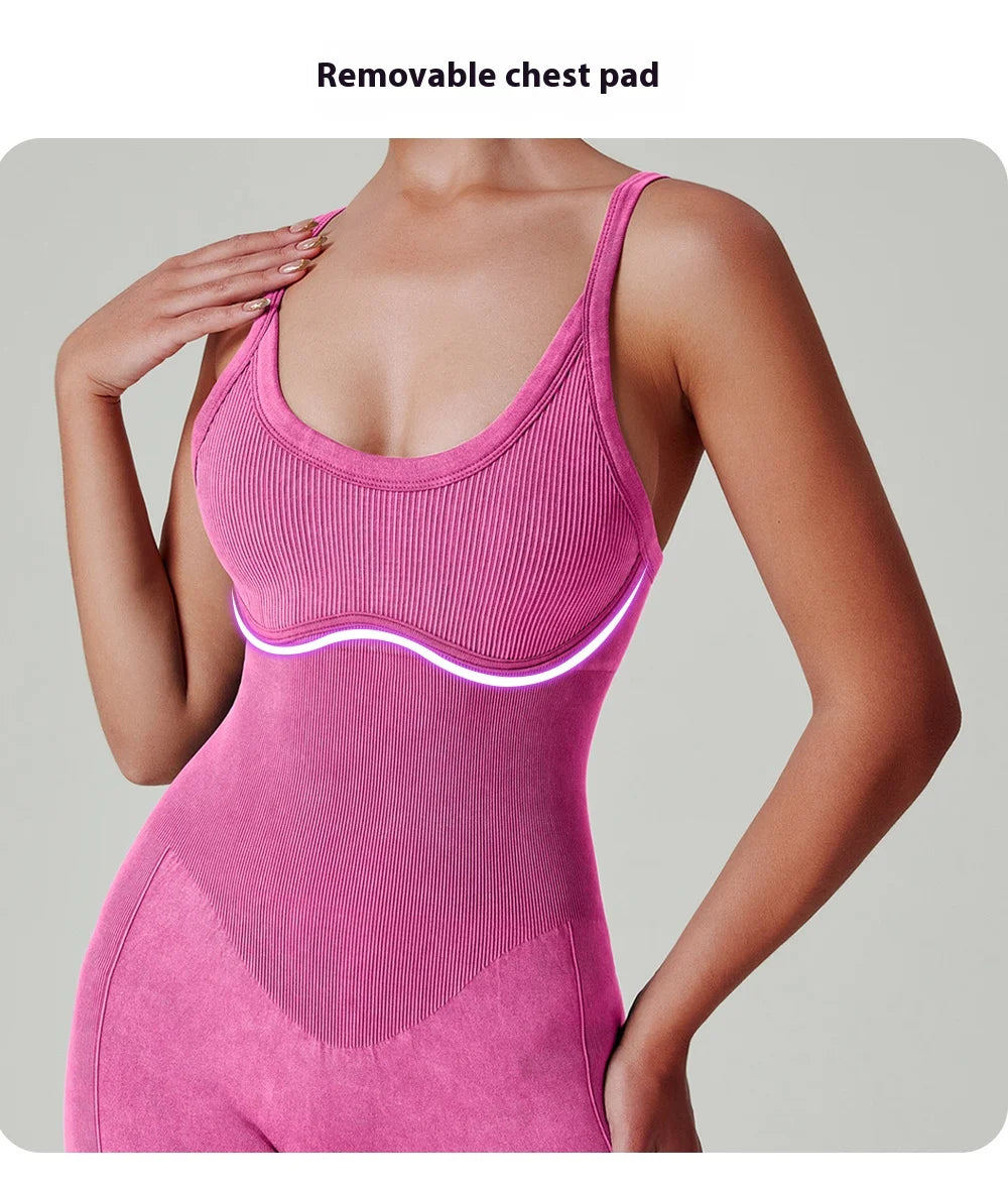 Women's Washed Yoga Bodysuit High Waisted Seamless 4-Way Stretch Workout Activewear Breathable Quick-Dry Lounge Jumpsuit