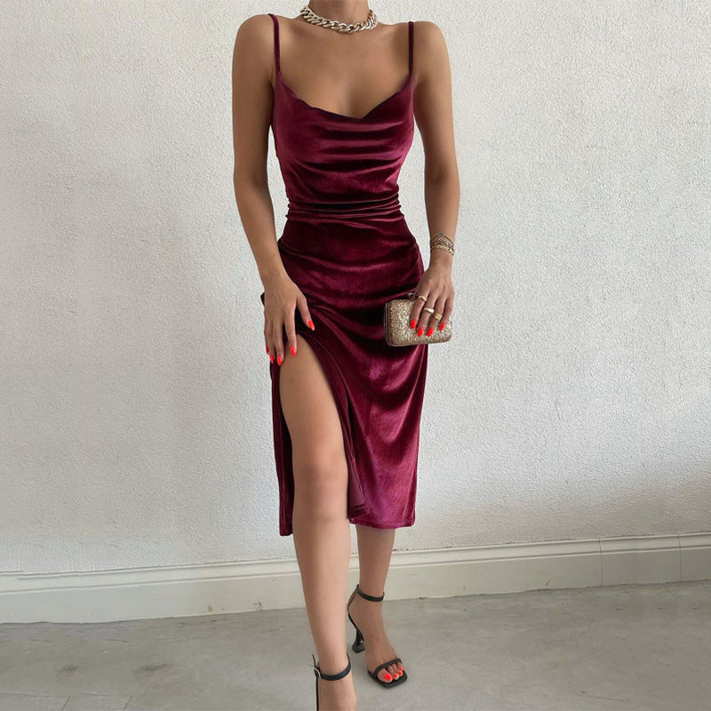 2024 Elegant Evening Gown For Women Summer Velvet Midi Bodycon Dress Women Sleeveless Off Shoulder Backless Party Club Dresses