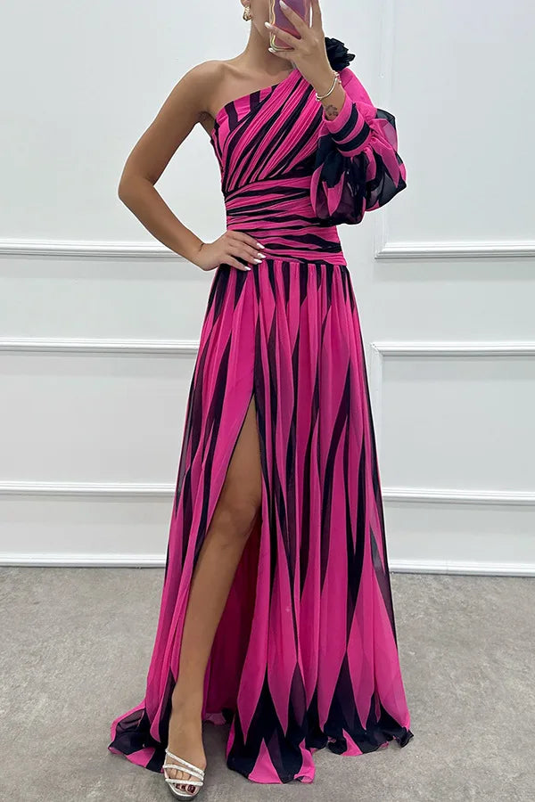Dress Long Dress 2024 Spring and Autumn New Temperament Fashion Printed Slant Shoulder Split Dress INS Casual Loose Party Dress