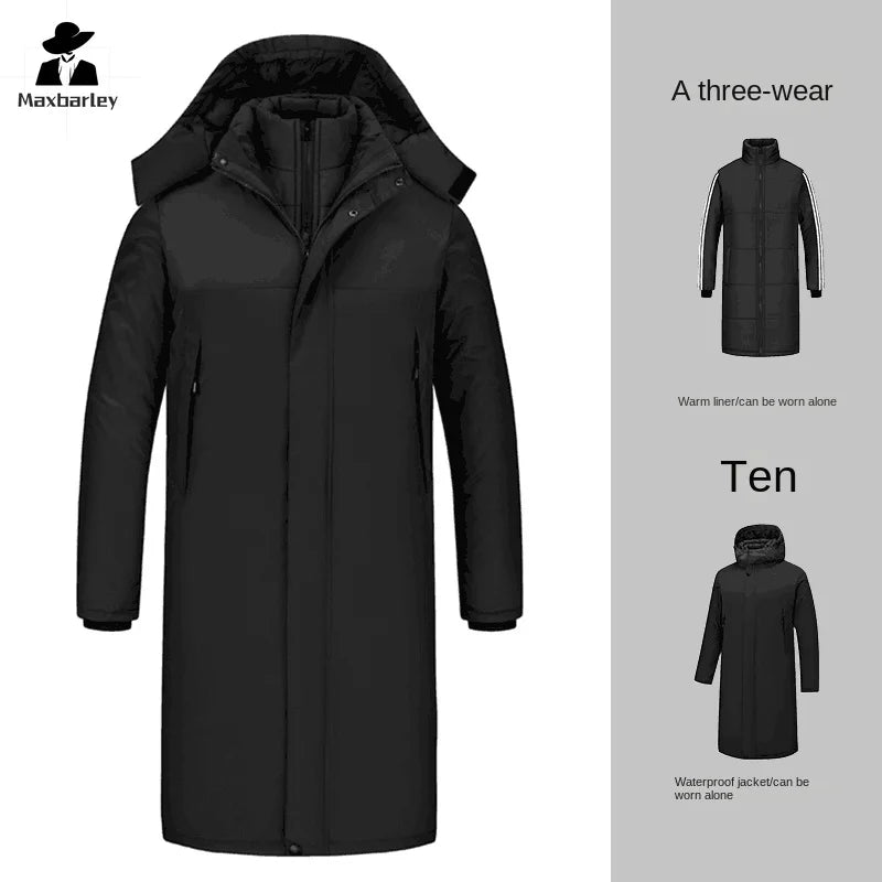 Winter Jacket 3 1-in -1 Removable 2-piece Set Mens Retro Long Warm Padded Jacket Snow Waterproof Thick Hooded Windbreaker Parkas