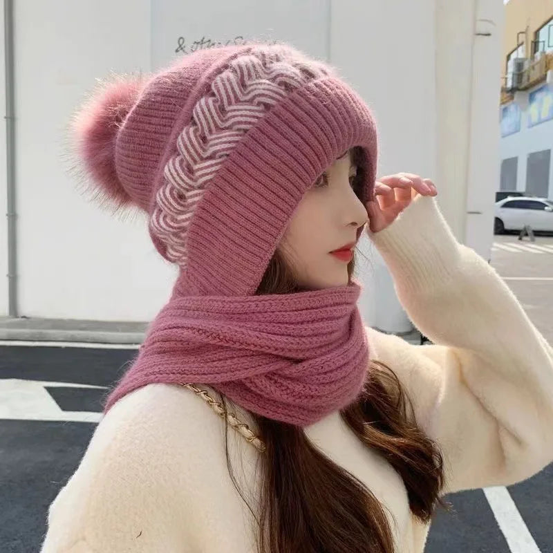 Woolen hat for women, versatile in autumn and winter, Korean version, trendy and warm knit hat with thick velvet and scarf, one-