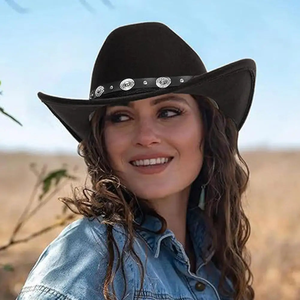 Felt Cowboy Hat for Women Men Rolled Wide Brim Cowboy Hats Western Hat with Buckle Belt Cowboy Cowgirl Hat