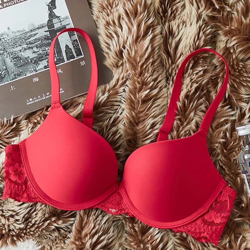 Large Size Bra for Women Non-underwire Gathering Lace Trim Lingerie Deep V Sexy Anti Sagging Push Up Underwear