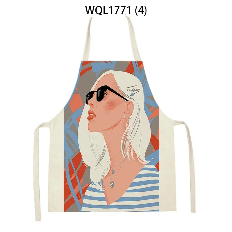 Kitchen Apron Modern Girl Plants Pattern Linen Aprons for Women Men Household Cleaning Apron Cooking Baking Accessories