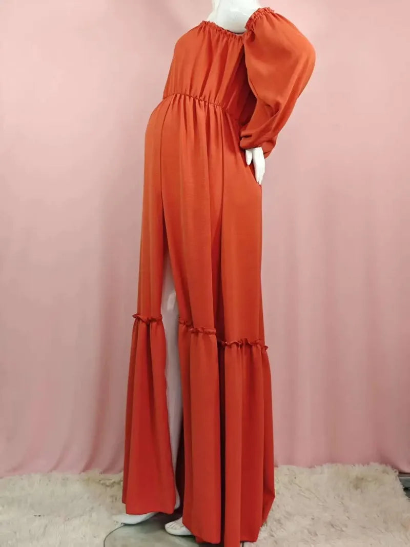 Maternity Photoshoot Dress - Sexy Off-Shoulder Gown Playful Puff Sleeves & Leg-Baring Slit Clothes for Pregnant Women Photograph
