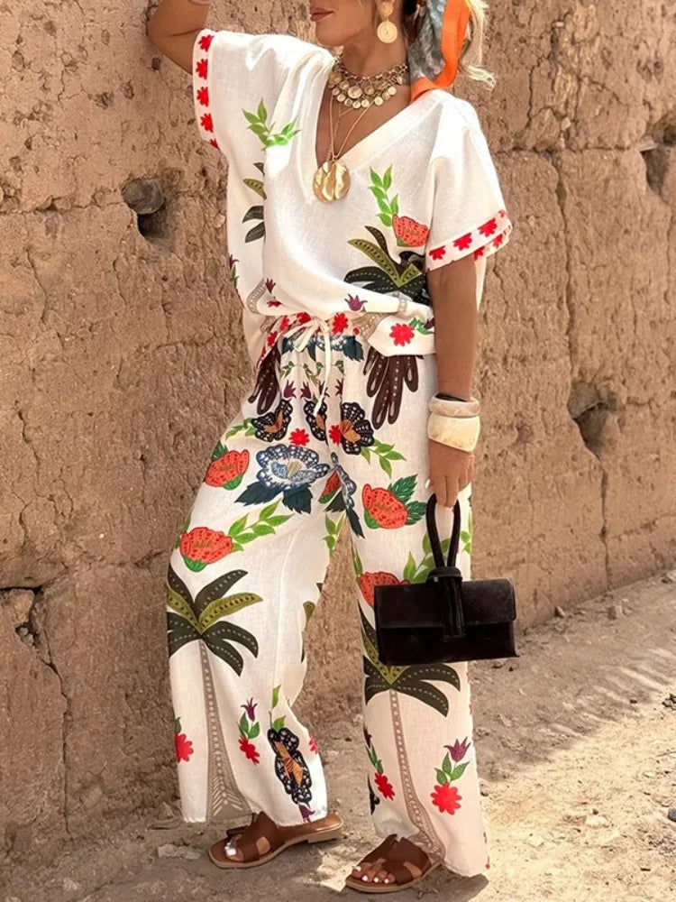 Women's Two-piece Set Tribal Style Printed V-Neck Blouses Casual Loose Drawstring Elasticity Pants Fashion Female Pants