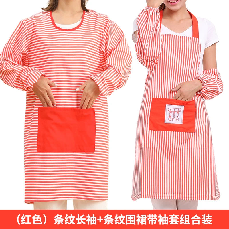 Fashionable Striped Apron For Home Kitchen Cooking Long Sleeved Women's Cute Anti Stain Work Dining Work Clothes Smock