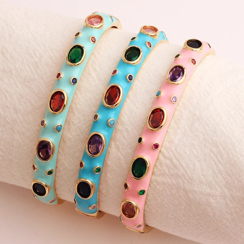 Luxury Colorful Enamel Bangles Bracelets for Women Party Gift Fashion Rainbow Zircon CZ Bangles Original 18K Gold Plated Jewelry
