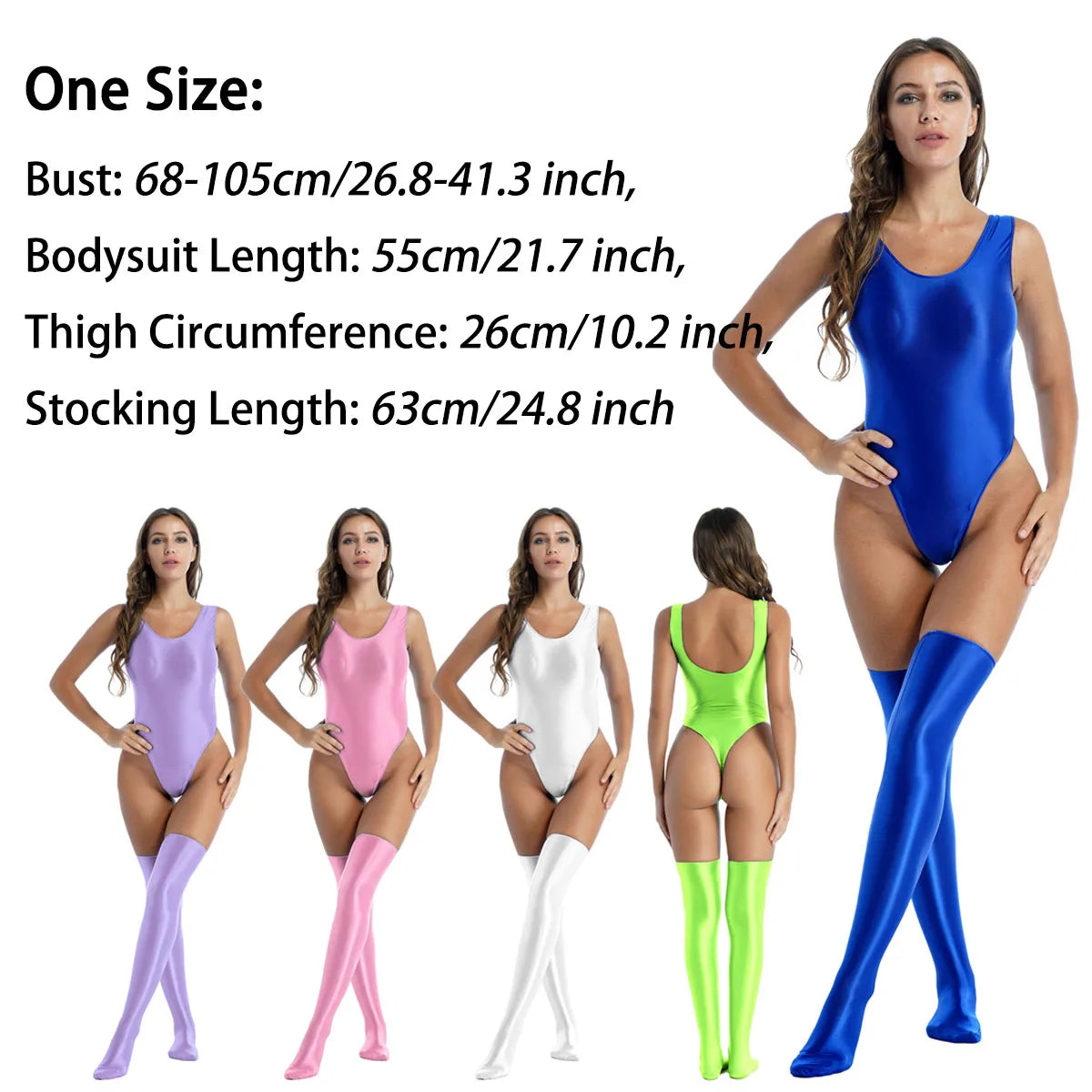 Women Sexy High Cut Bodysuit with Stocking Outfits Metallic Glossy Sleeveless Stretchy Tights One-piece Swimsuit Clubwear