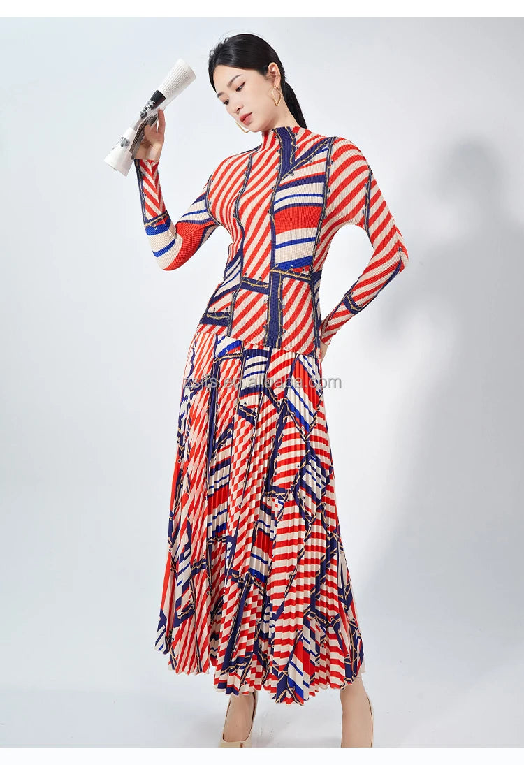 Elegant Women's Two-Piece Dress Set Pleated Striped Long-Sleeved Turtleneck Skirt Ankle Length Woven Fabric Anti-Static