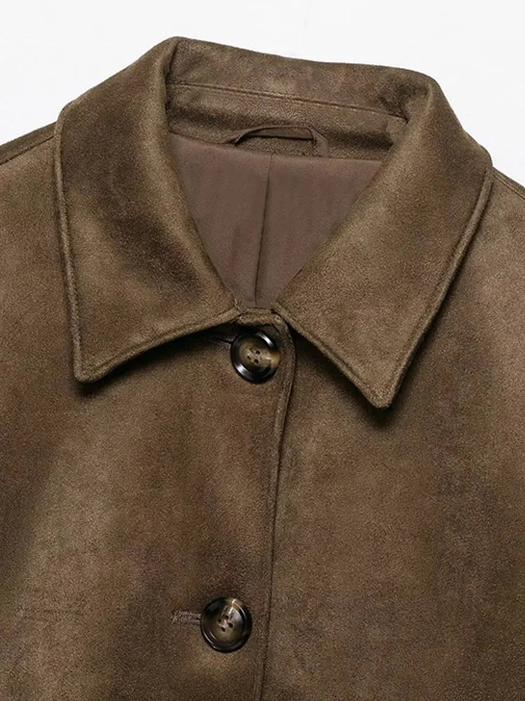 Women Fashion Faux Suede Jacket Coat Long Sleeve Button-up Female Outerwear Chic Tops