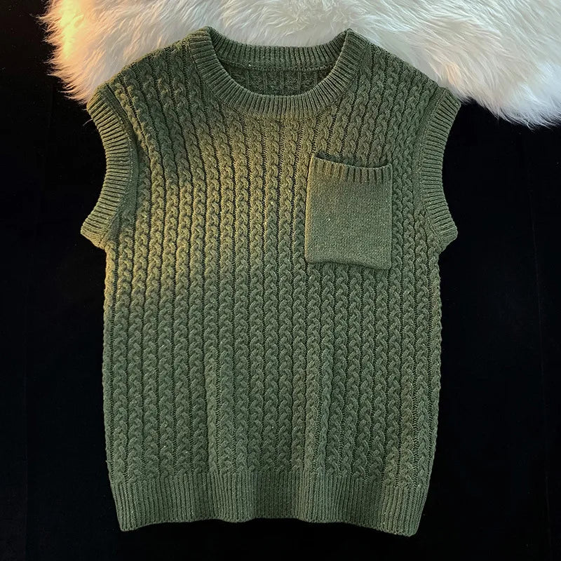 Sweater Vest Men Winter Students Knitwear Harajuku Round Neck Pockets Handsome Casual Streetwear Unisex Preppy Stylish Ins