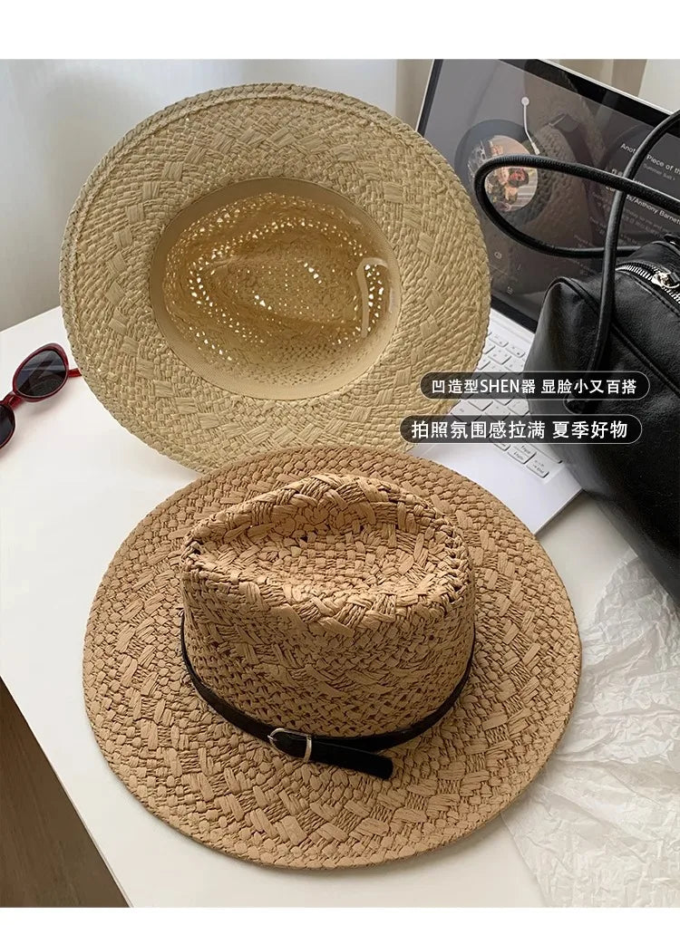 Straw Western Cowboy Hat for Women Men Classic Vintage Hollow Out Unisex Curled Wide Brim Sun Hat Fishing Hat Climbing Cap