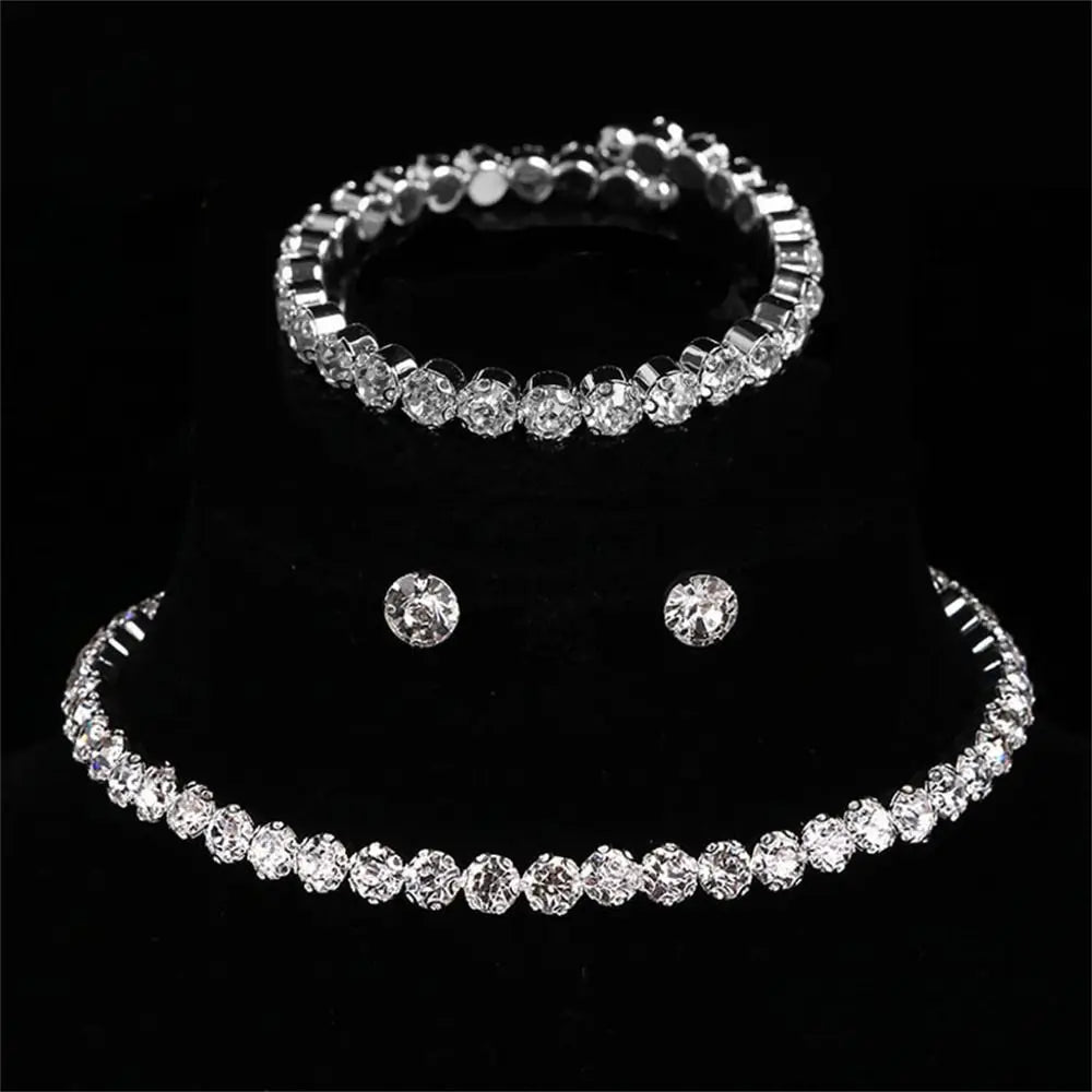 Wedding Dress Crystal Jewelry Set Shiny Banquet Ladies Rhinestone Necklace Earrings Bride Jewelry Gifts