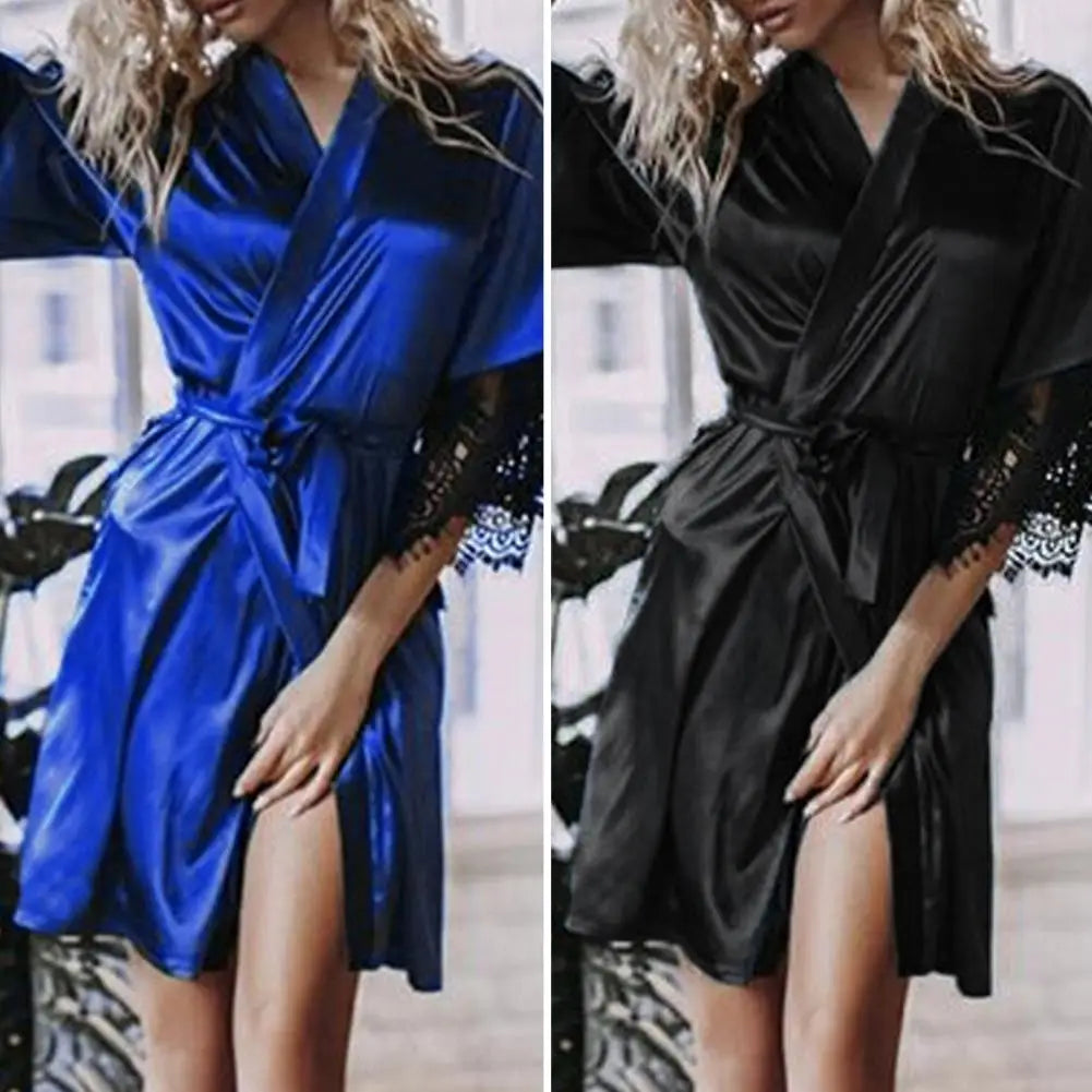 Women Nightdress Satin Lace Women Sleeping Robe Sexy See-through Tight Waist Women Pajamas Waist Belt Bath Robe Night Gown