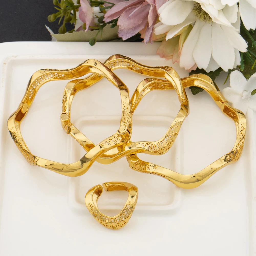 Fashion Bangle With Ring For Women 18K Gold Plated Bracelet Jewelry Sets Nigerian Wedding Party Gift Dubai Design Bracelet