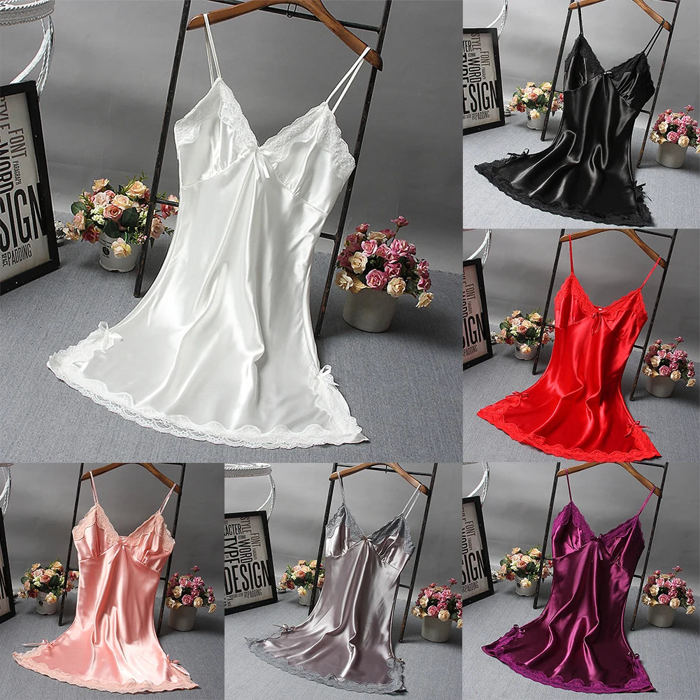 Women Sexy Nightdress Lace Satin Soft Silky Glossy Lingerie Summer Comfort Thin Sleepwear Ladies Breathable Sling Sleepshirts