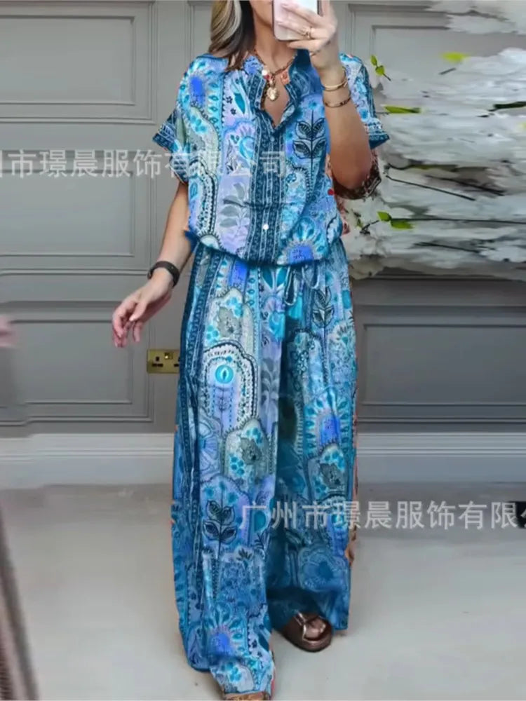 Woman 2 Piece Set Outfit New Summer Fashion Casual Loose Printed Short-sleeved Top + Wide-leg Trousers Two-piece Suit For Women
