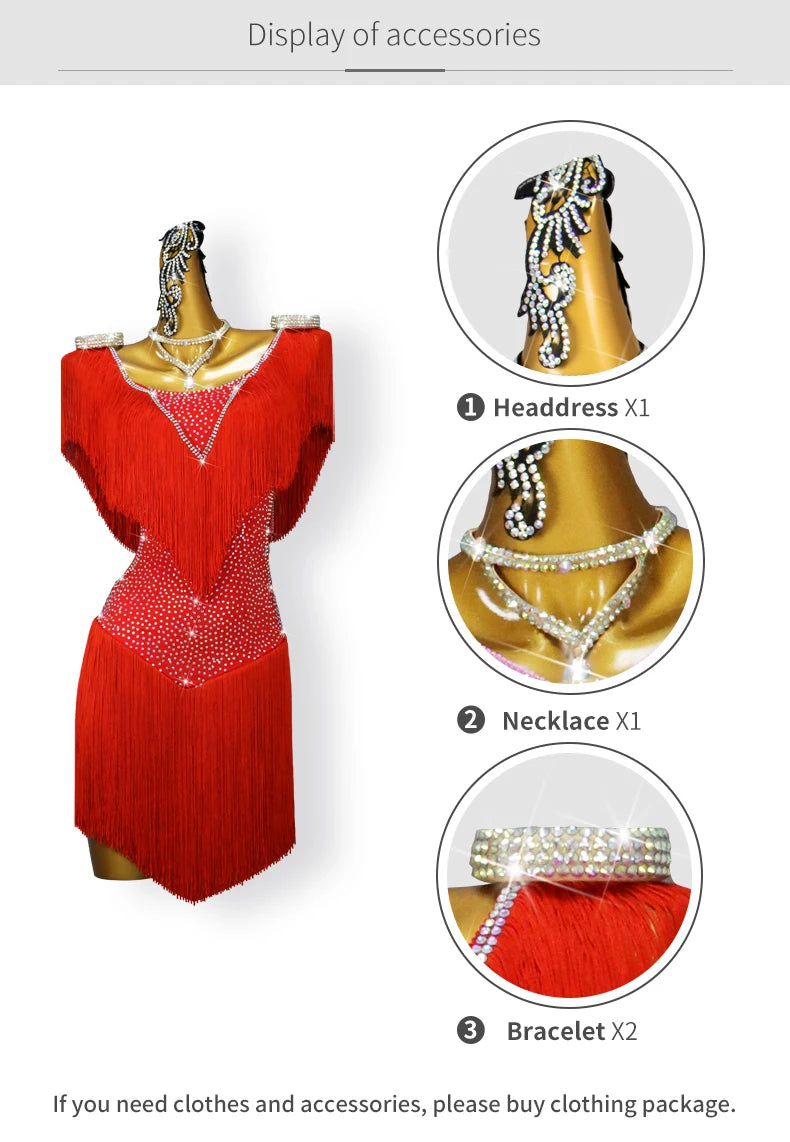 Red Latin Dance Fringed Dresses Sexy Womens Competition Costume Adult Female Party Clothes Cabaret Practice Wear Girl Stage Suit