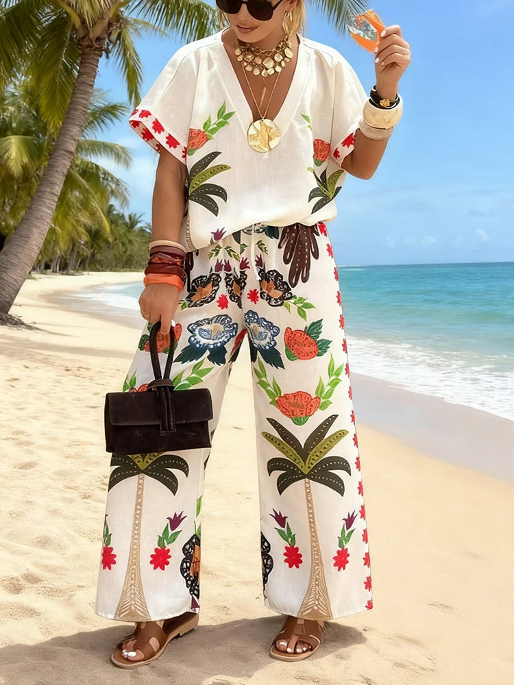 Women's Two-piece Set Tribal Style Printed V-Neck Blouses Casual Loose Drawstring Elasticity Pants Fashion Female Pants