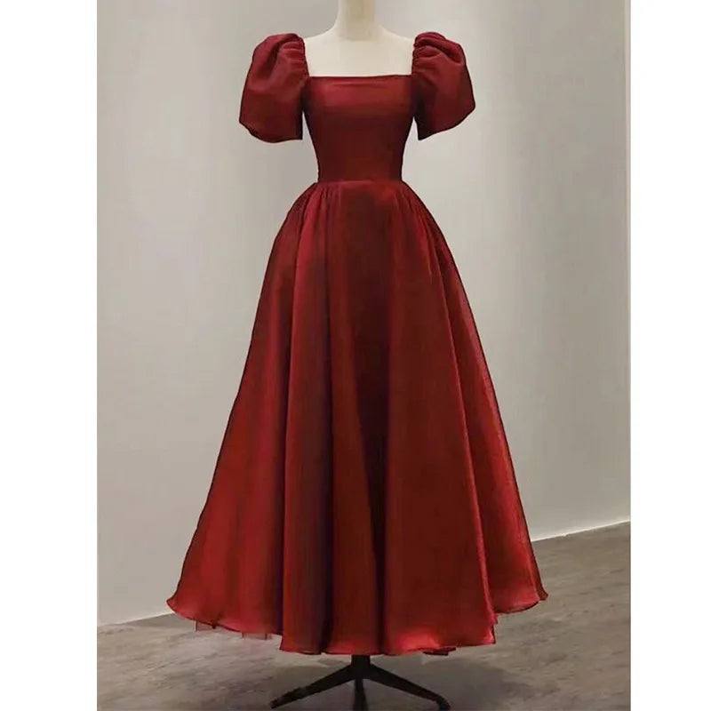 Bridal Engagement Toast Dress With Bubble Sleeves Wine Red Engagement Banquet Elegant Dress Formal Attire Customized