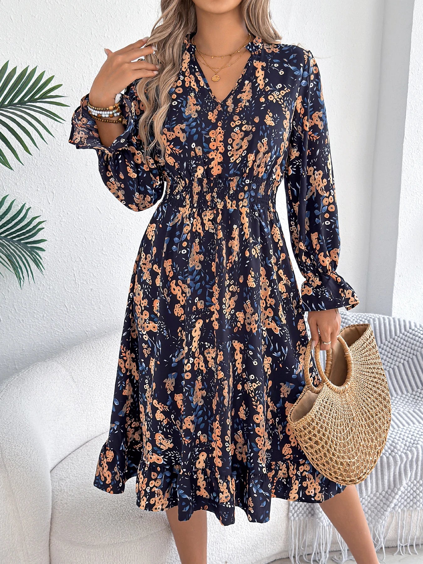 Elegant Floral Print Dresses Women 2025 Autumn Winter V Neck Flare Long Sleeve Ruffled A Line Dress