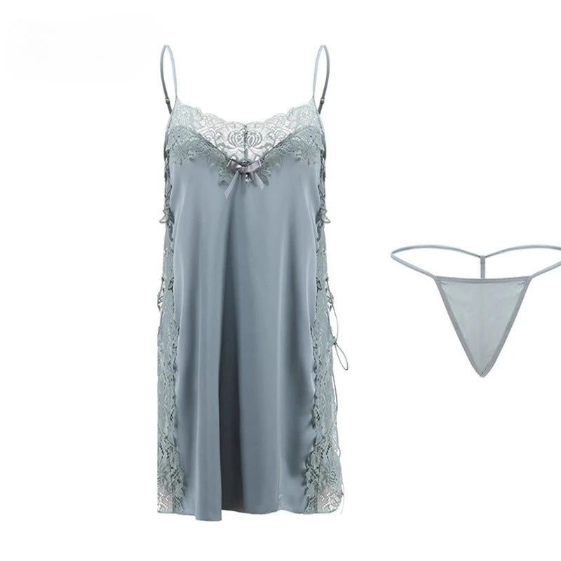 Satin Nightgown Lady Sexy Bowknot Lace Lingerie Spaghetti Strap Night Dress For Women Nighties Sleeveless Sleepwear Nightwear
