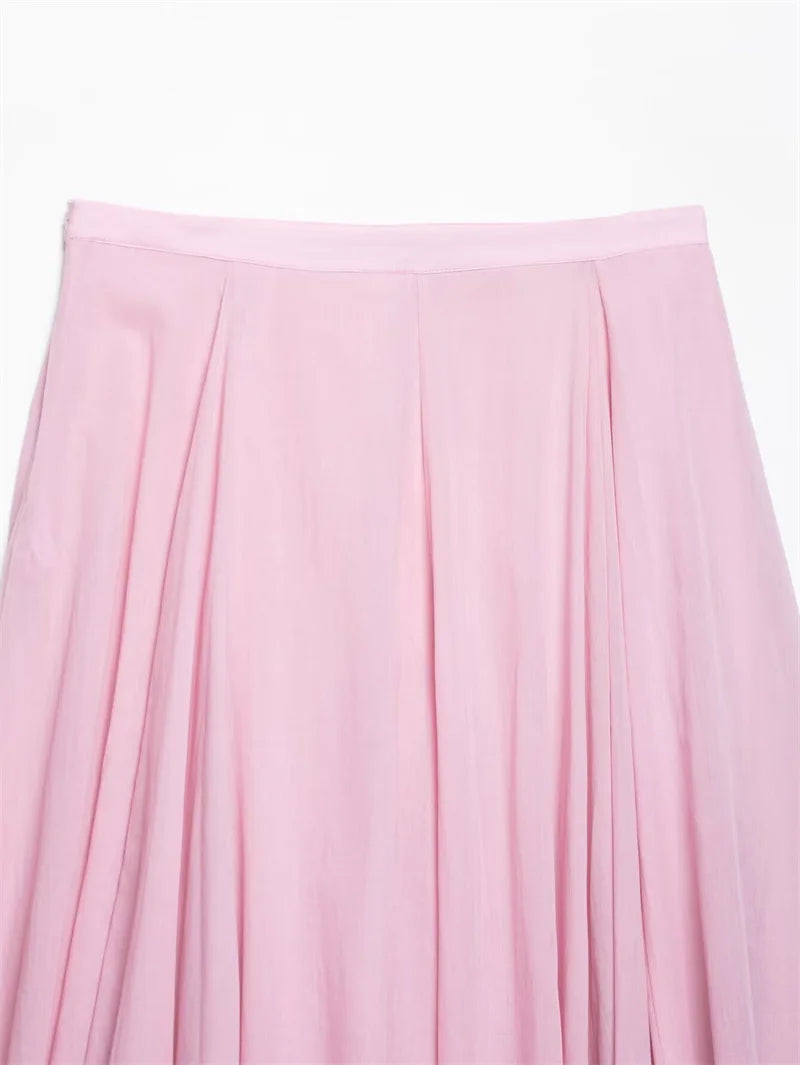 Women's Skirt New Summer 2025 Pink Pleated Midi Skirt A hem looks slim Casual and versatile Fresh and fashionable