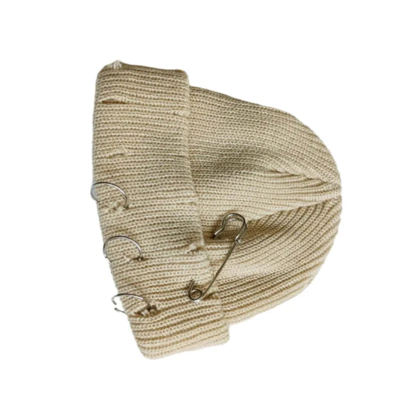 Hat for Women Autumn and Winter Ring Pin Street Hip-Hop Woolen Hats with Holes Edging Knit Cap Men's Trendy Cold-proof Beanies