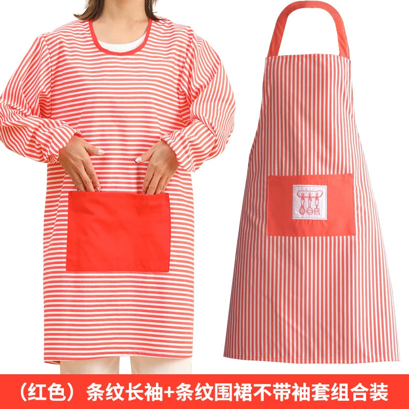 Fashionable Striped Apron For Home Kitchen Cooking Long Sleeved Women's Cute Anti Stain Work Dining Work Clothes Smock