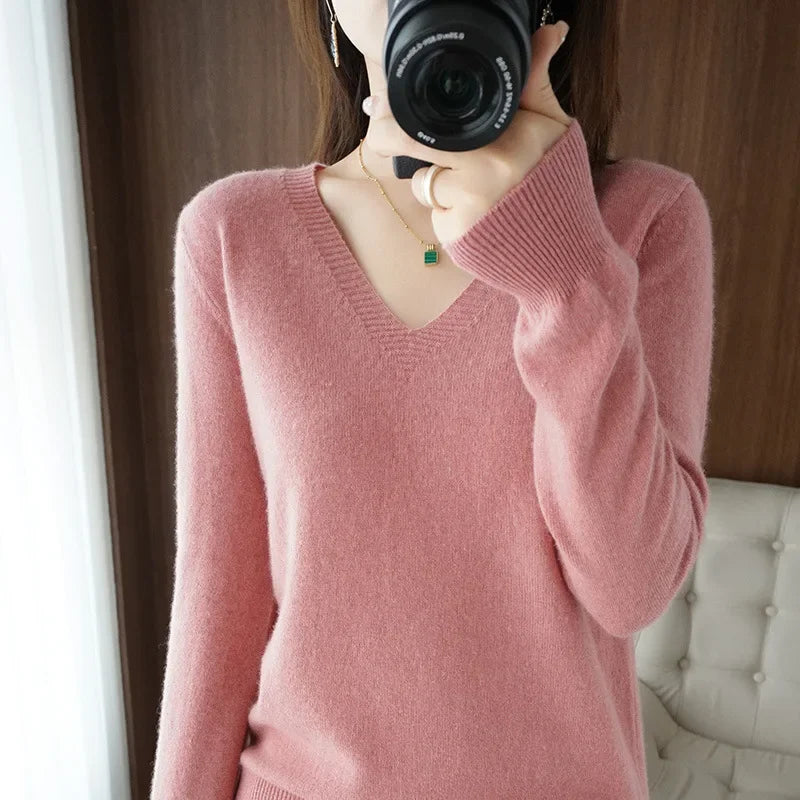 Women's Sweater 2025 Autumn Winter Knitted Pullovers V-neck Slim Fit Bottoming Shirt Solid Soft Knitwear Jumpers Basic Sweaters