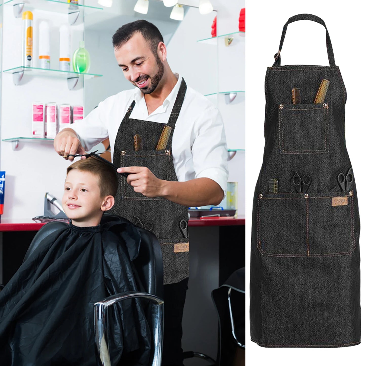 Denim Apron Salon Working Clothes Barber Cloth Kitchen Cooking Grill Restaurant Bar Shop Cafes Baking Beauty Nails Uniform