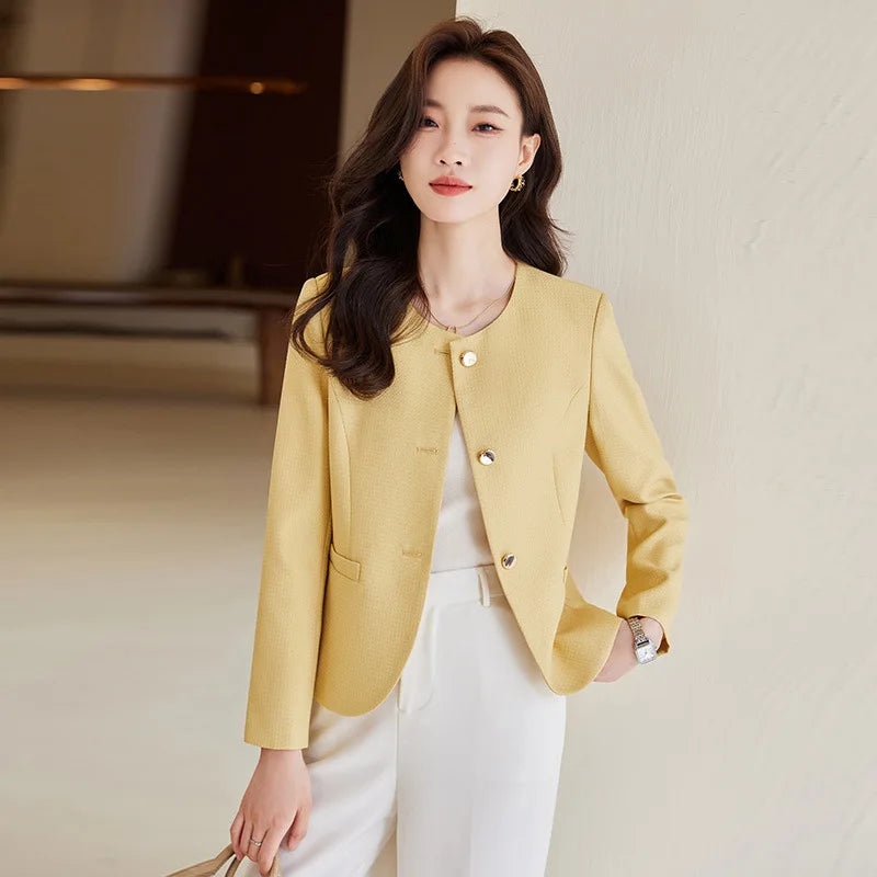 High quality blazer for women short jacket single breasted O neck spring autumn elegant office clothes pink yellow blue white