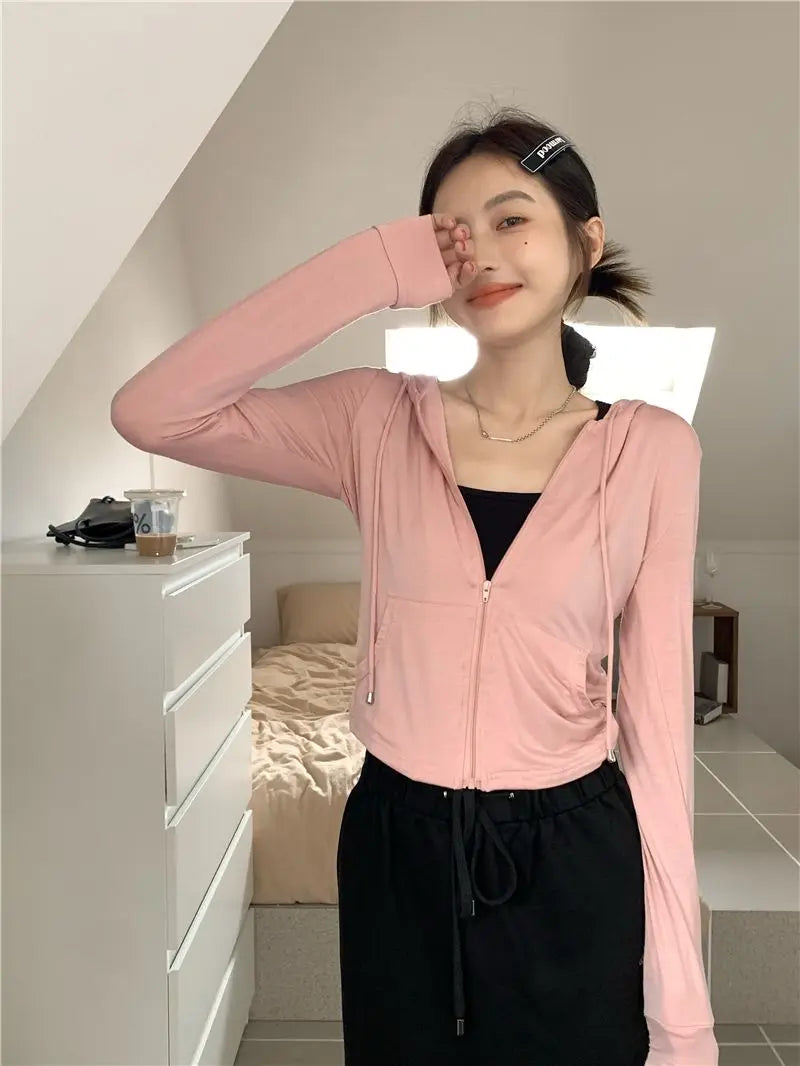 Hooded Jackets Women Thin Sunscreen Solid Fashion Summer Long Sleeve Cropped Coats All-match College Breathable Sporty Popular