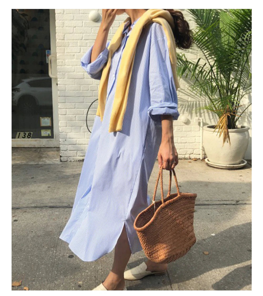 Women's Skirt Popular Fashion Casual Office Lady Dress New Korean Striped Versatile Lapel Female Long Sleeved Long Classic Skirt