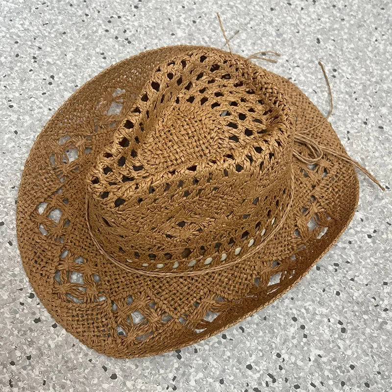 Straw Western Cowboy Hat for Women Men Classic Vintage Hollow Out Unisex Curled Wide Brim Sun Hat Fishing Hat Climbing Cap