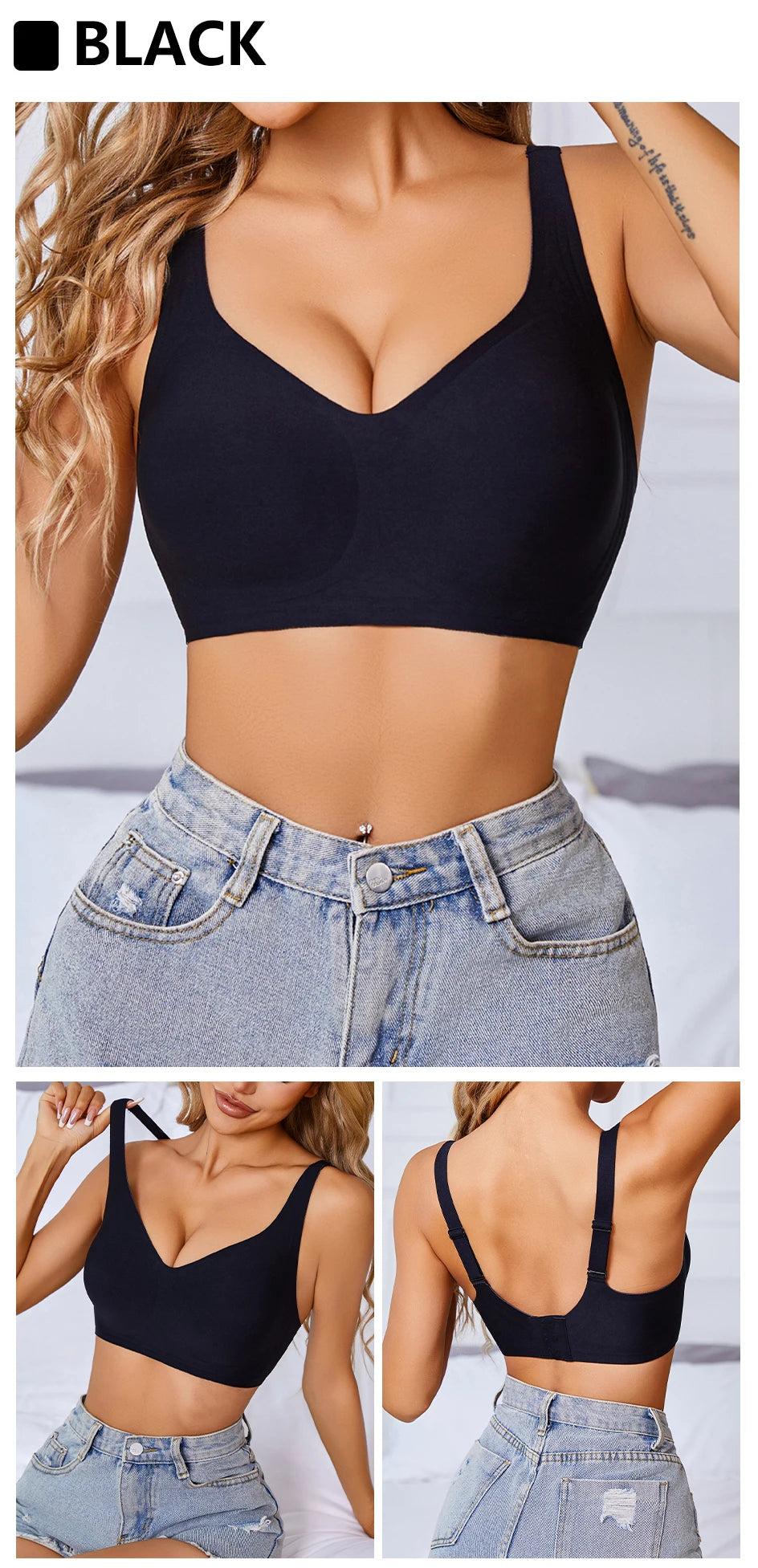 Women Underwire Bra Wide Adjuestable Strap Solid Color Plus Size Bras for Women Thin Removable Pads Underwear Sexy Black Bra