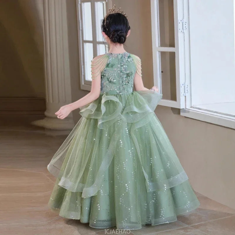Teen Girl Clothes Green Girls Princess Dress Kids Pageant Host Gown Birthday Party Outfit PianoFormal Wear Recital Performance