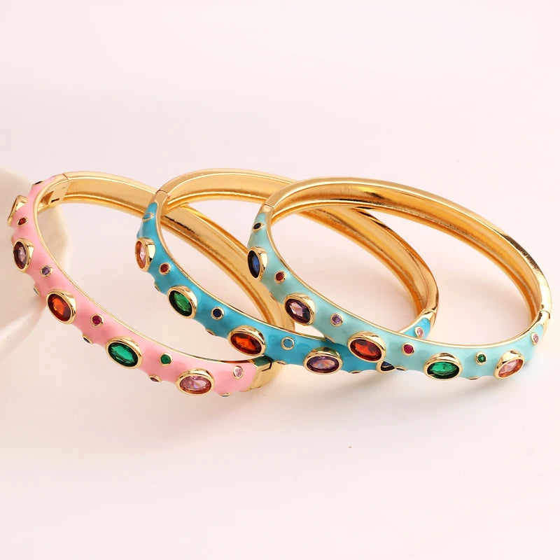 Luxury Colorful Enamel Bangles Bracelets for Women Party Gift Fashion Rainbow Zircon CZ Bangles Original 18K Gold Plated Jewelry