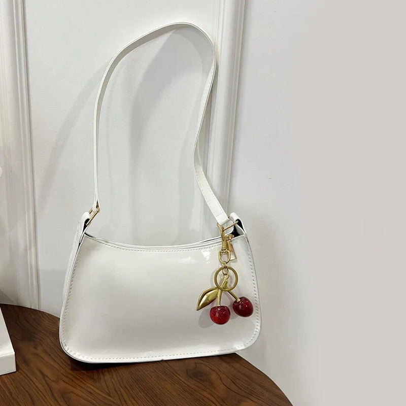 Vintage Retro Shoulder Bag for Women PU Leather Underarm Crossbody Ladies Casual Handbag Purse with Cherry Pendant